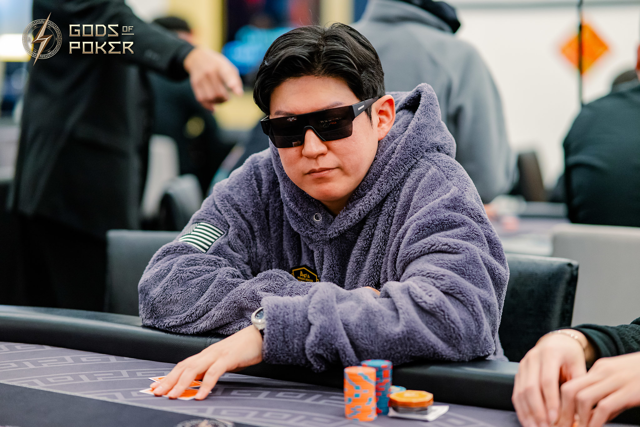 A man in sunglasses and a fluffy hoodie sits at a poker table with chips.