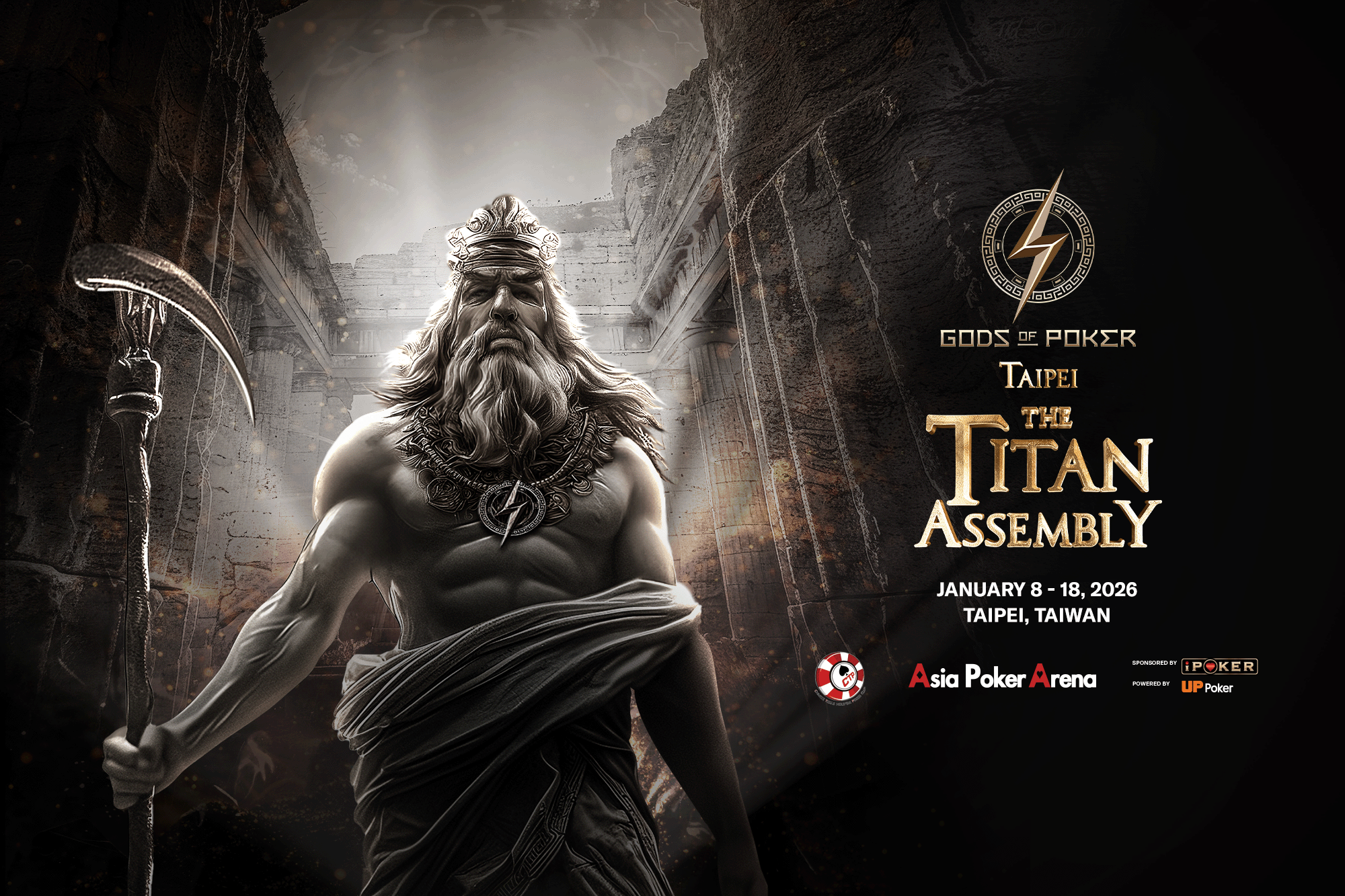 Powerful bearded god with a scythe stands before ruins, promoting 'The Titan Assembly' event.