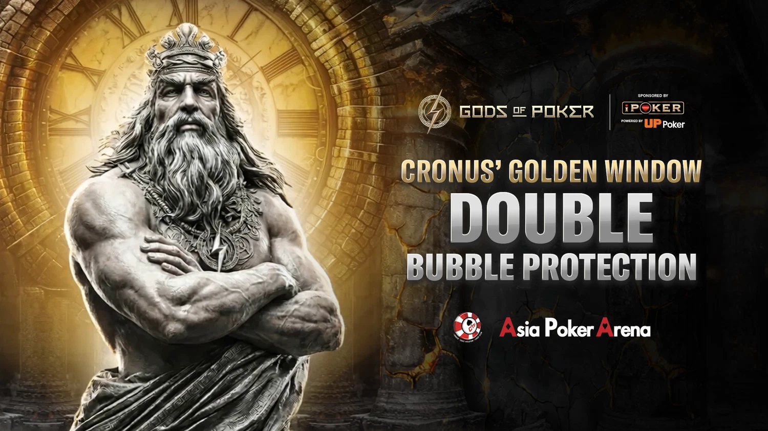 Muscular bearded figure Cronus stands before a golden clock, advertising 'Double Bubble Protection'.