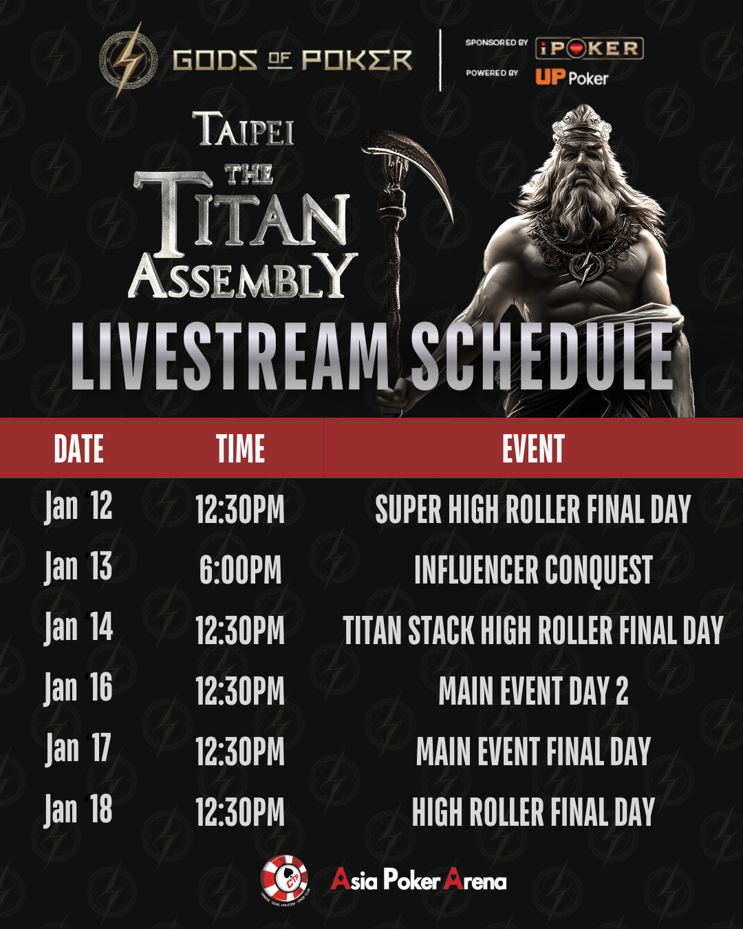 Livestream schedule for Taipei The Titan Assembly poker tournament, detailing dates, times, and events.