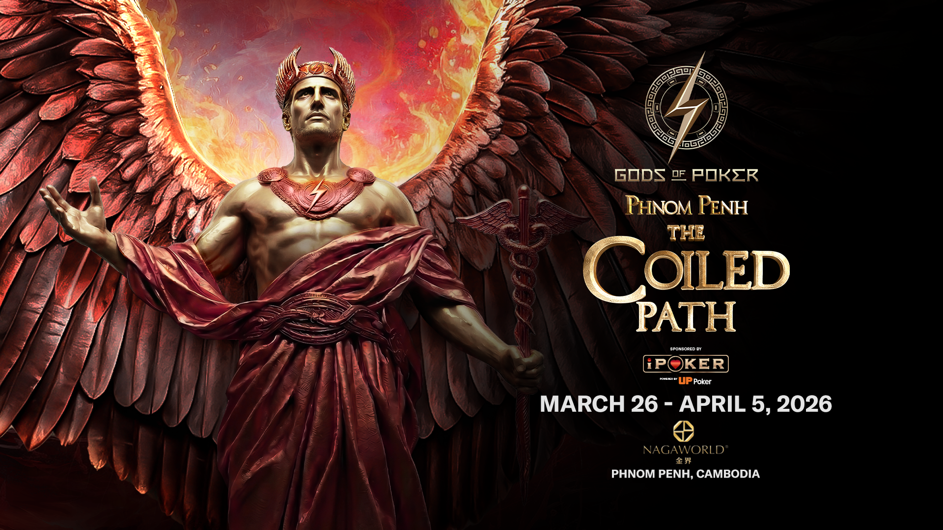 A winged, god-like figure with a fiery halo promotes 'The Coiled Path' poker event.