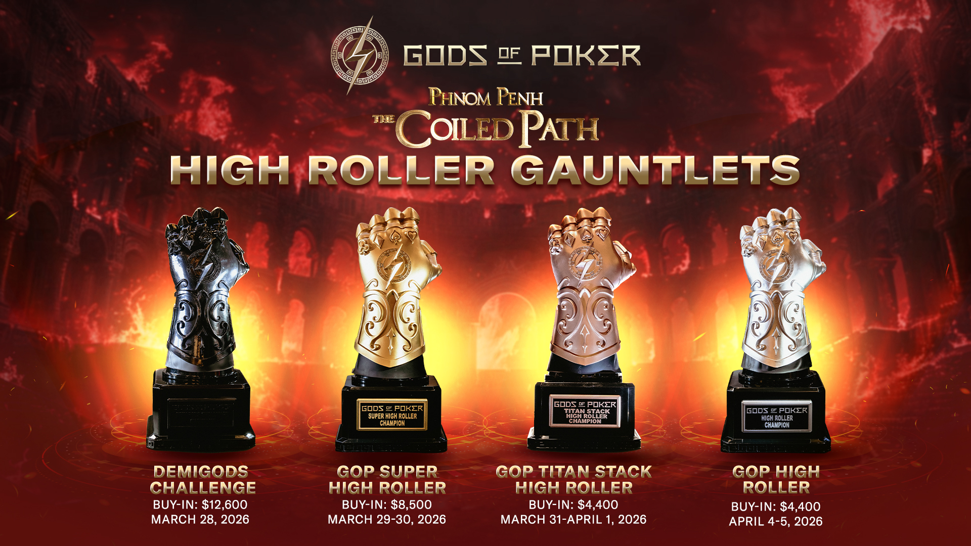 Four unique gauntlet trophies displayed for the Gods of Poker High Roller Gauntlets.