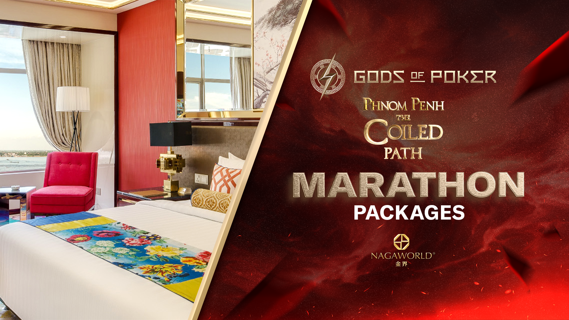 Luxurious hotel room next to promotional graphic for Gods of Poker Marathon Packages at Nagaworld.