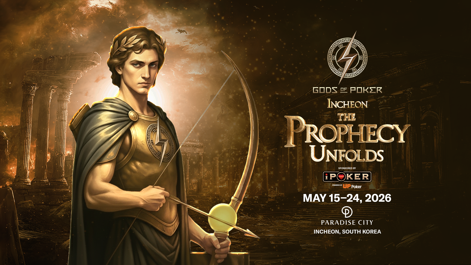 Classical figure in golden armor holding a bow, promoting 'The Prophecy Unfolds' poker event.