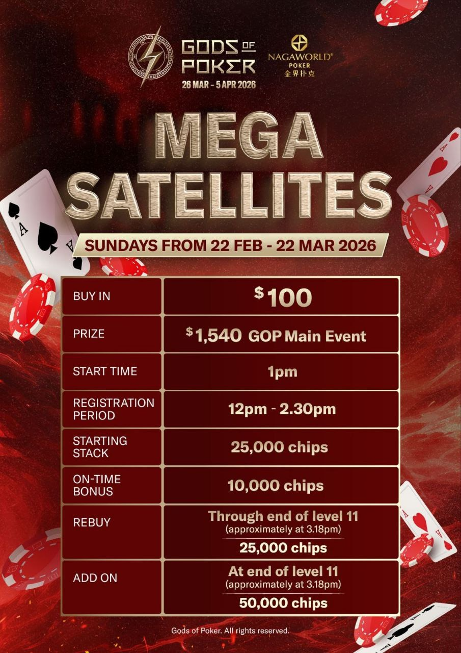Gods of Poker Mega Satellites tournament poster detailing schedule, buy-in, prize, and registration times.