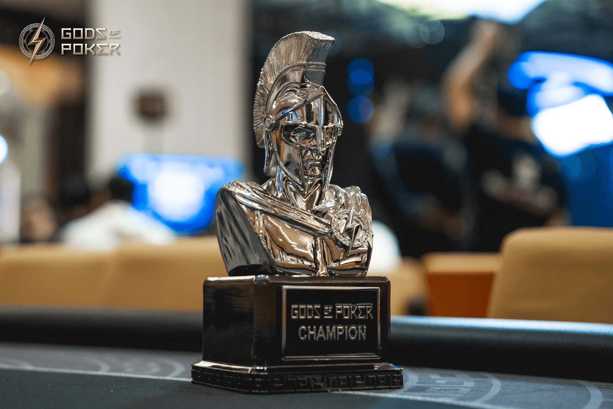 Silver trophy bust of a Spartan warrior helmet, inscribed 'Gods of Poker Champion'.